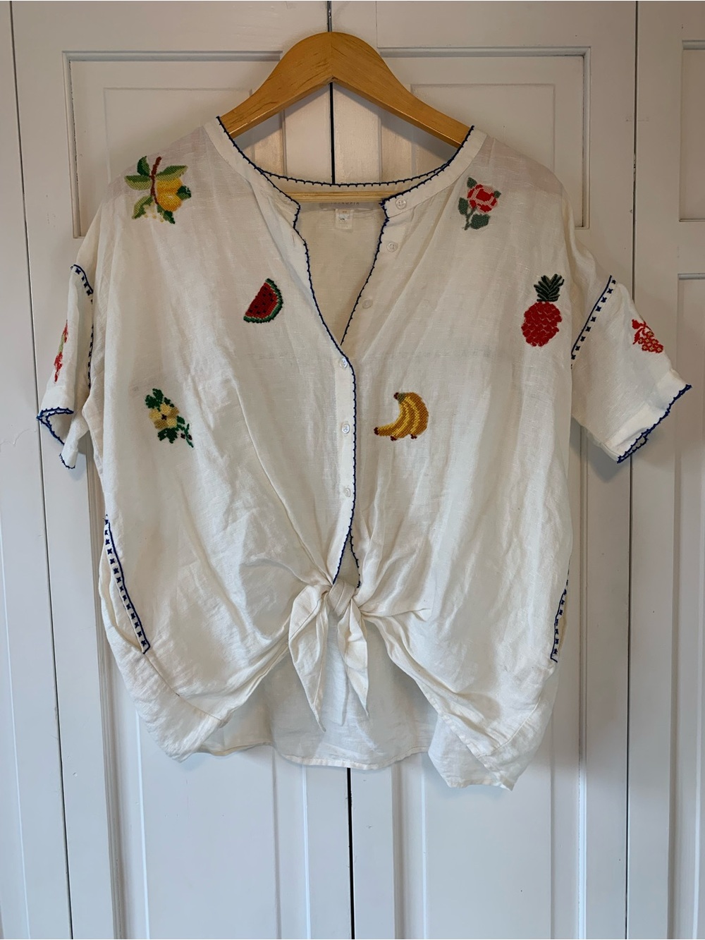 🍉🍋Anthropologie Embroidered Fruit Tie-Front Blouse